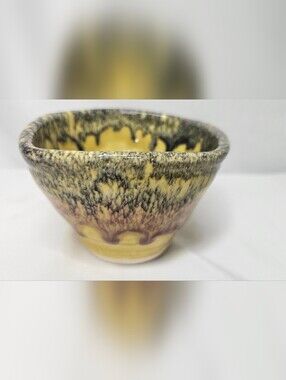 Vintage Studio Pottery Drip Glaze Small Bowl Signed Yellow Purple Tea Chawan